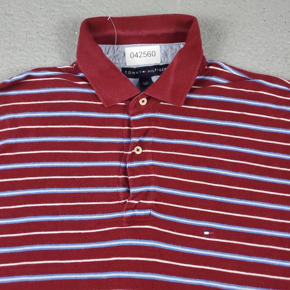 Tommy Hilfiger Mens Large Polo Shirt Red Blue Striped Short Sleeve Cotton Pique